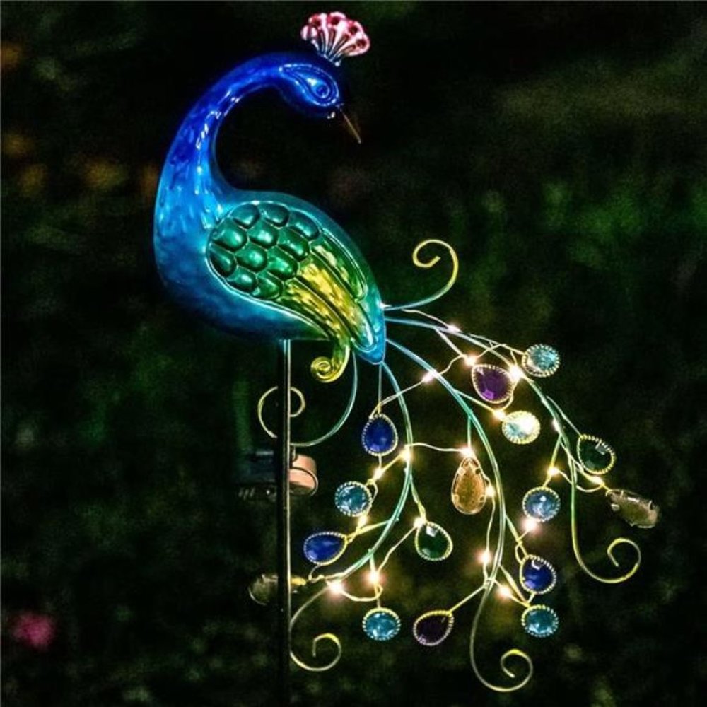 Metal Peacock Solar Garden Lights Stakes - Waterproof Landscape Path Lights